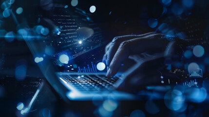 A person is typing on a laptop with a blue background. Concept of productivity and focus, as the person is engaged in a task on their computer. The blue background adds a calming.