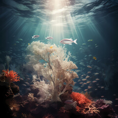 A surreal underwater scene with floating fishes - obrazy, fototapety, plakaty