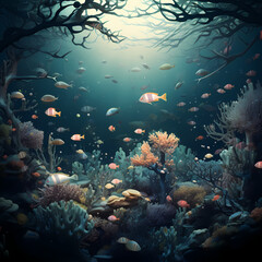 A surreal underwater scene with floating fishes