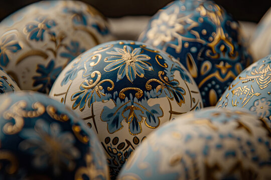 Intricately Painted Easter Eggs with Stunning Floral Detail Captured in Close-Up Shot.