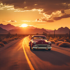 A vintage car on an empty desert highway at sunset 