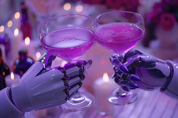 Two robotic hands holding elegant champagne ready for a toast on a dinner table