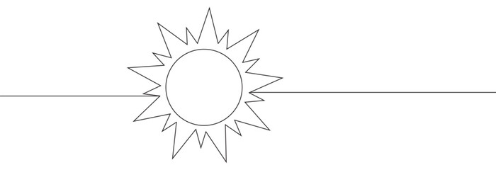 Continuous line sun art. Single line sketch sunny summer travel concept. Icon hot bright sky weather happy holiday vacation element vector illustration for posters, wall art, tote bag,.....