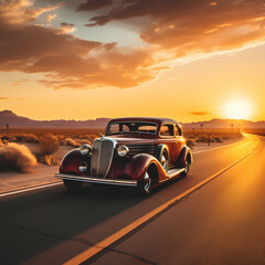 Fototapeta na wymiar A vintage car on an empty desert highway at sunset 
