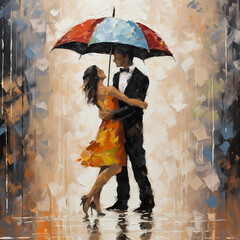 A young couple dancing in the rain with umbrellas