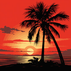 Abstract tropical gradient beach evening landscape with palm tree silhouettes on sunset colorful background. Flat panoramic illustration of a palm island for travel poster, retro style landscape wallp