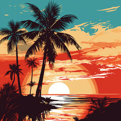 Vintage tropical beach  with palm tree silhouettes and sun on orange sky background. Sunrise in tropics retro style wallpaper. Flat illustration of a palm island for banner,  travel poster, postcard