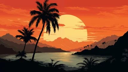 Schilderijen op glas Tropical beach evening landscape with palm tree silhouettes on red orange sky background. Colorful gradient flat illustration of a palm island for travel poster, retro style landscape wallpaper © Graphicsnice