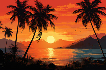 Tropical sunset with palm trees black silhouettes on the beach and with the orange sky. Colorful gradient flat illustration of a palm island for travel poster, retro style landscape wallpaper