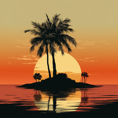 Abstract tropical gradient beach evening landscape with palm tree silhouettes on sunset colorful background. Flat panoramic illustration of a palm island for travel poster, retro style landscape wallp