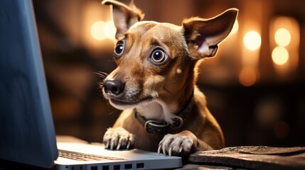 Anthropomorphic dog with wide eyes staring at a computer, amusing surprise - obrazy, fototapety, plakaty
