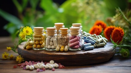 Assorted natural supplements on a wellness background, alternative medicine