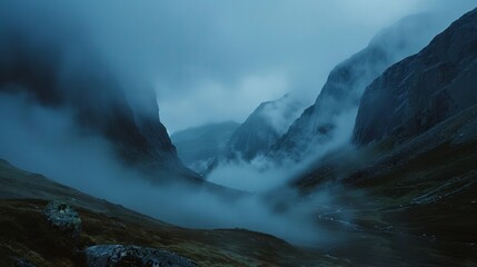 Foggy mountain pass at dawn, serene and majestic - obrazy, fototapety, plakaty