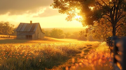 Golden hour on a quaint rural farm, warmth