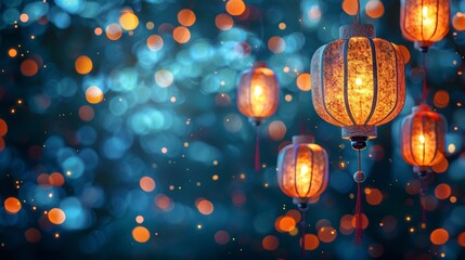 Lanterns floating in night sky, festival lights - obrazy, fototapety, plakaty