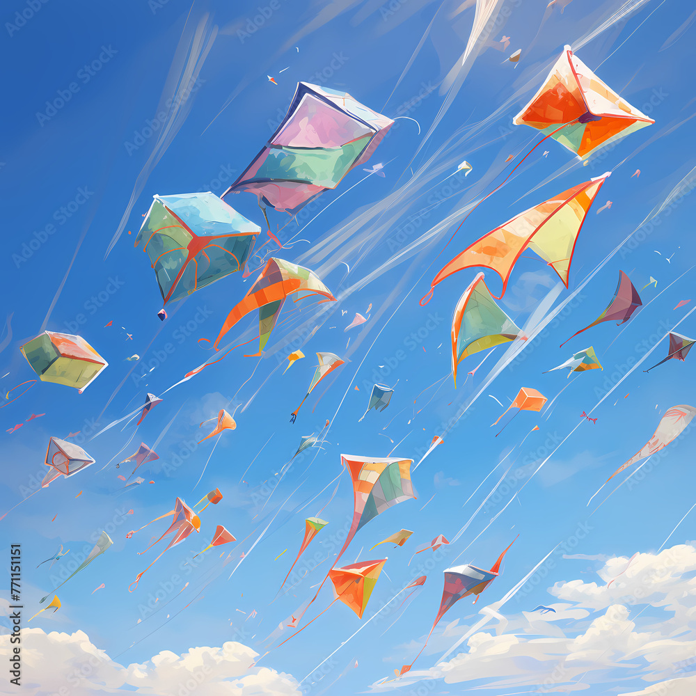 Wall mural Colorful kites flying against a clear blue sky.