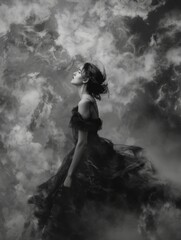 Obraz premium Mysterious woman with face obscured by blur in clouds - Surreal and artistic representation of a woman with her face obscured, may evoke intrigue and mystery