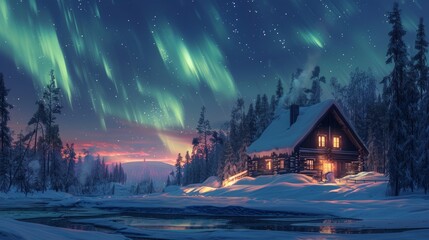 Northern lights over a traditional log cabin, wilderness