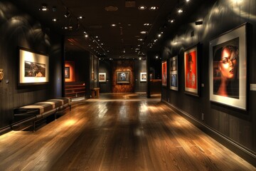Modern exhibit with quadruple framing illuminated by subtle recessed lighting.