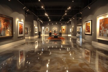 Obraz premium Modern exhibit with quadruple framing illuminated by subtle recessed lighting.
