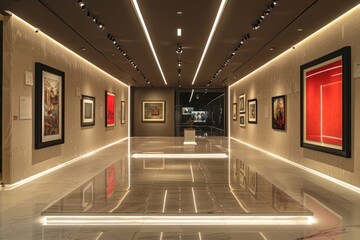Modern exhibit with quadruple framing illuminated by subtle recessed lighting. - obrazy, fototapety, plakaty