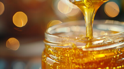 A jar of honey is poured into a glass. The honey is golden and thick, and it looks like it's coming out of the jar. The scene is peaceful. Food concept.