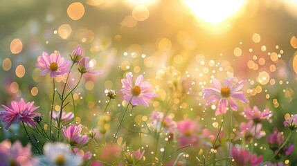 Wildflower meadow at sunrise, dewy freshness - obrazy, fototapety, plakaty