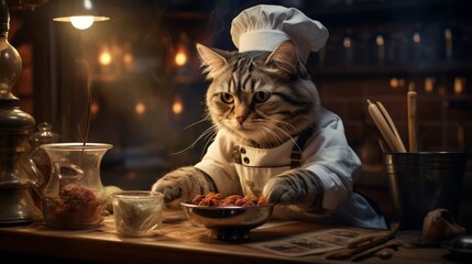 A charming cat in chef attire, whisking a bowl in a kitchen - obrazy, fototapety, plakaty