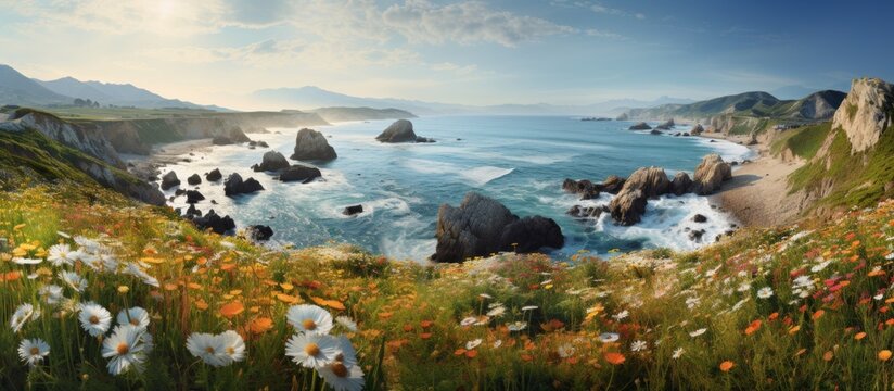 The view from the cliff offers a picturesque scene of the vast ocean meeting the horizon, with a field of beautiful flowers blanketing the natural landscape below