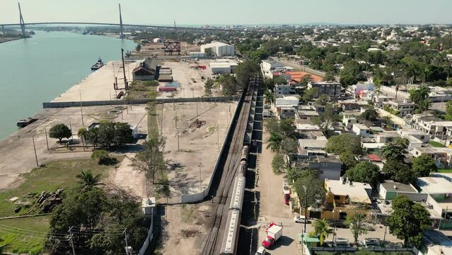 aerial view of carriages of a freight train in mexico