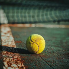 Vintage tennis ball against net and court - A worn tennis ball leans on a net at a vintage-looking court, surely a symbol of tennis history and tradition