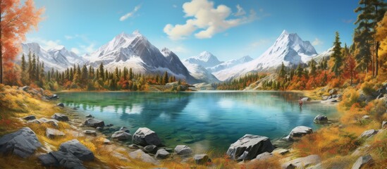 A serene natural landscape with a lake reflecting the sky, surrounded by majestic mountains, trees, and snowcapped peaks. A peaceful spot to travel and connect with nature - obrazy, fototapety, plakaty