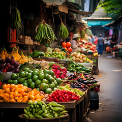 Street market with vibrant fruits and vegetables. 