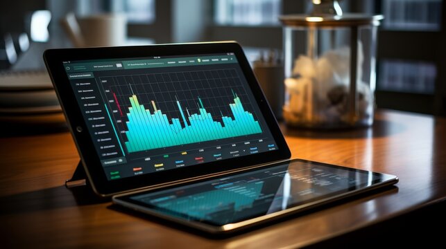 Financial charts and graphs on a digital tablet with a stylus