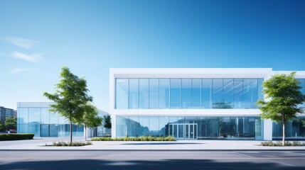 Modern office building facade with clear blue sky