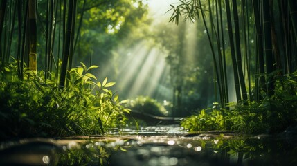 Peaceful bamboo forest with morning sunlight