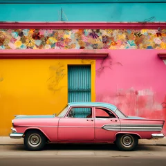 Fototapeten Vintage car parked in front of a colorful wall. © Cao