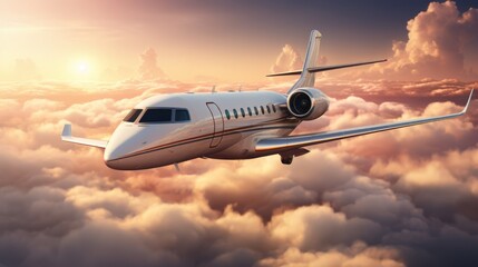 Sleek private jet flying above the clouds