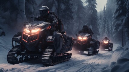 Snowmobiles ready for an adventure in a winter landscape - obrazy, fototapety, plakaty