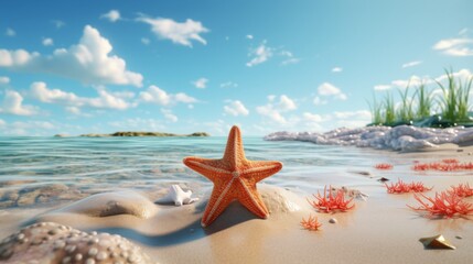 Fototapeta na wymiar Starfish on the shore, kissed by bright beach sunshine