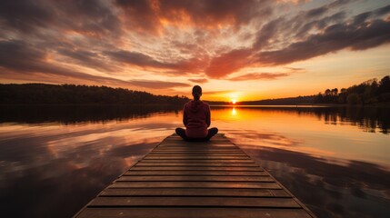 Yoga practitioner meditating during a peaceful sunset - obrazy, fototapety, plakaty
