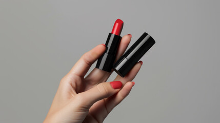 A hand holding a red lipstick. The lipstick is a shade of red that is bold and vibrant. Concept of confidence and boldness, as the person holding the lipstick is likely to wear it with pride.
