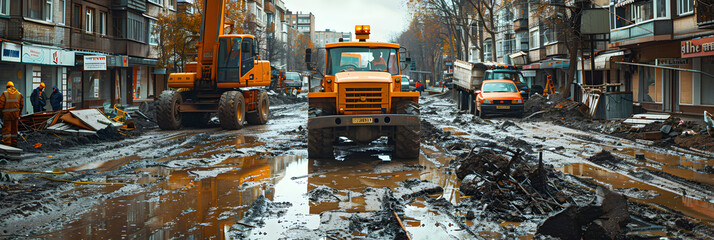 bulldozer at work site,
 Repair of communications Water supply sewerage - obrazy, fototapety, plakaty