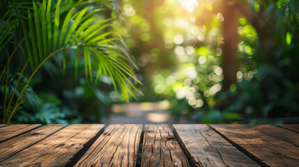 A wooden platform with a lush green background. The platform is empty and the background is full of trees and plants.
