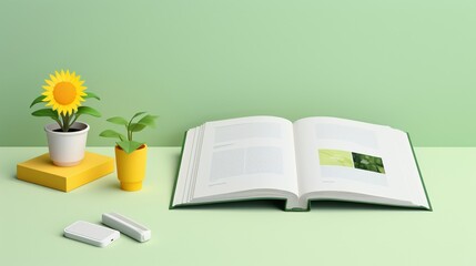A 3Drendered book on green energy, with pages illustrating the future of solar technology cute, animation, technicolor, illustration