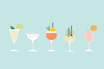 An illustration depicting various alcoholic drinks in line art, enhanced with colorful detailing cute, animation, technicolor, illustration - obrazy, fototapety, plakaty