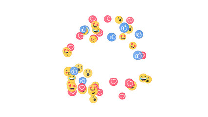 An explosion pop of positive reaction emojis on Social media platforms. Concept reacting to a popular and viral post or video. Graphic effects.