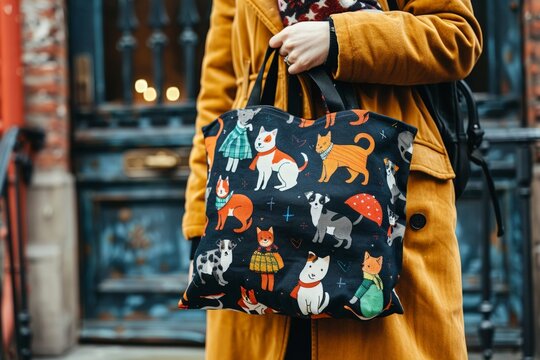 An engaging apparel design featuring a canvas bag with pets in cute outfits, striking playful poses, perfect for adding a touch of whimsy to any look