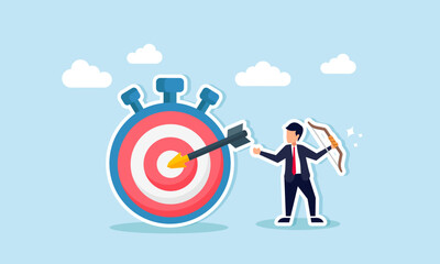 Fototapeta na wymiar Efficiently managing time to meet deadlines, ensuring productivity and achieving project milestones, concept of A savvy businessman aims his bow at a bullseye target, timing his shot precisely