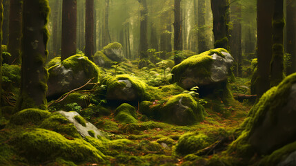 green forest, moss stones - obrazy, fototapety, plakaty